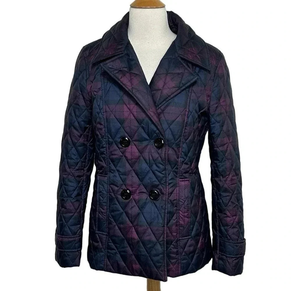 Covington Quilted‎ Jacket Small Navy Purple Plaid Double Breasted Peacoat